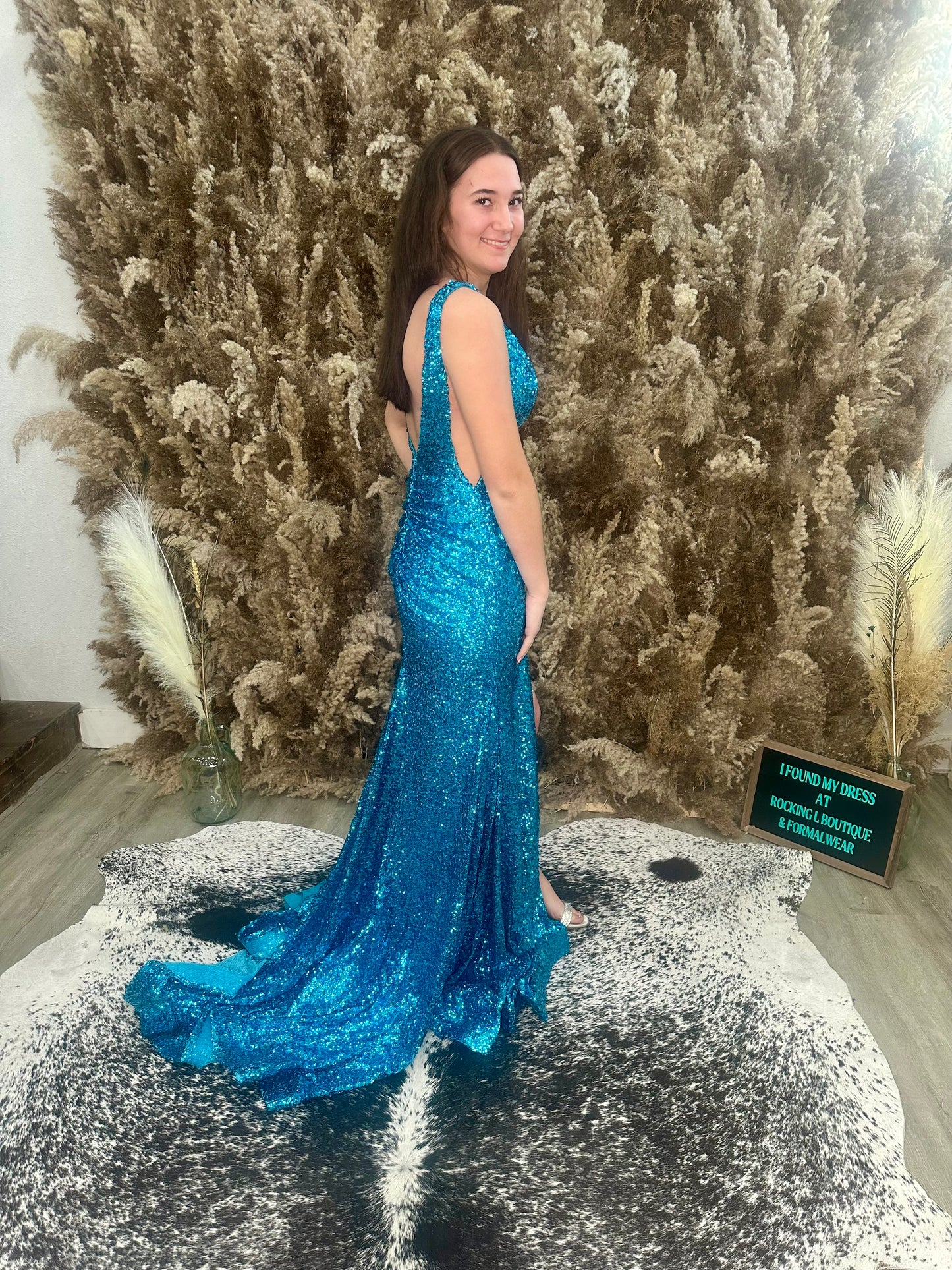 Glittering V-Neck Gown with High Slit