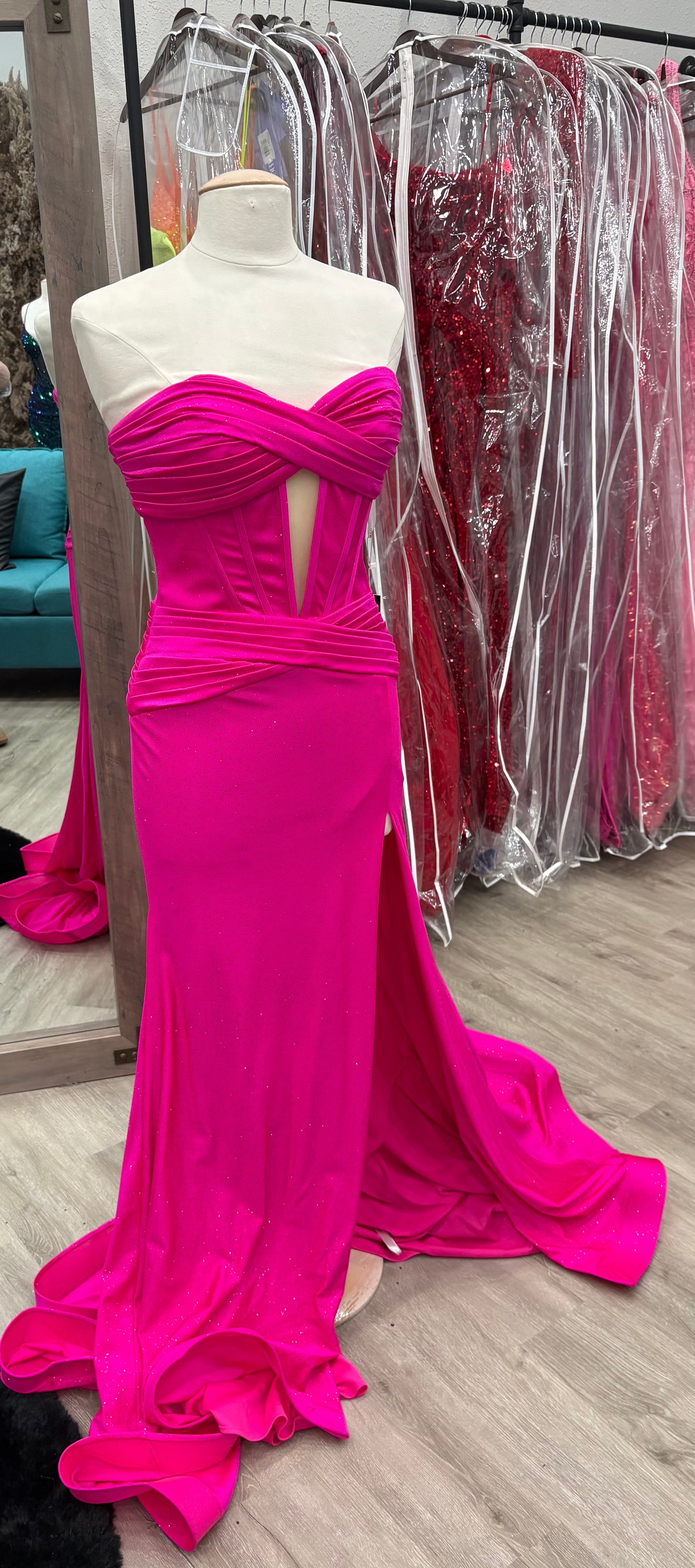 Strapless Evening Gown with Ruched Bodice and High Slit