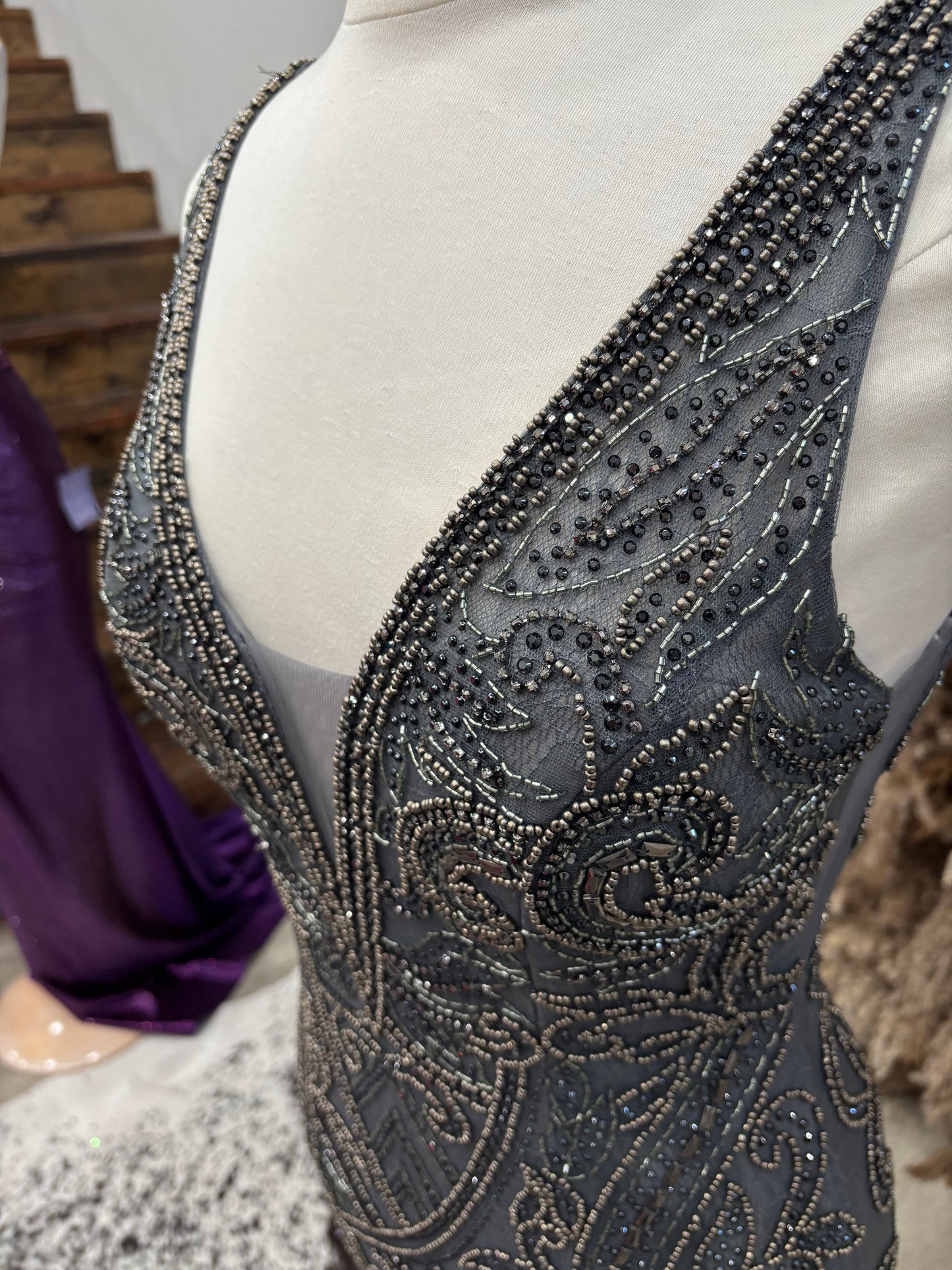 Charcoal Beaded Sheath Gown