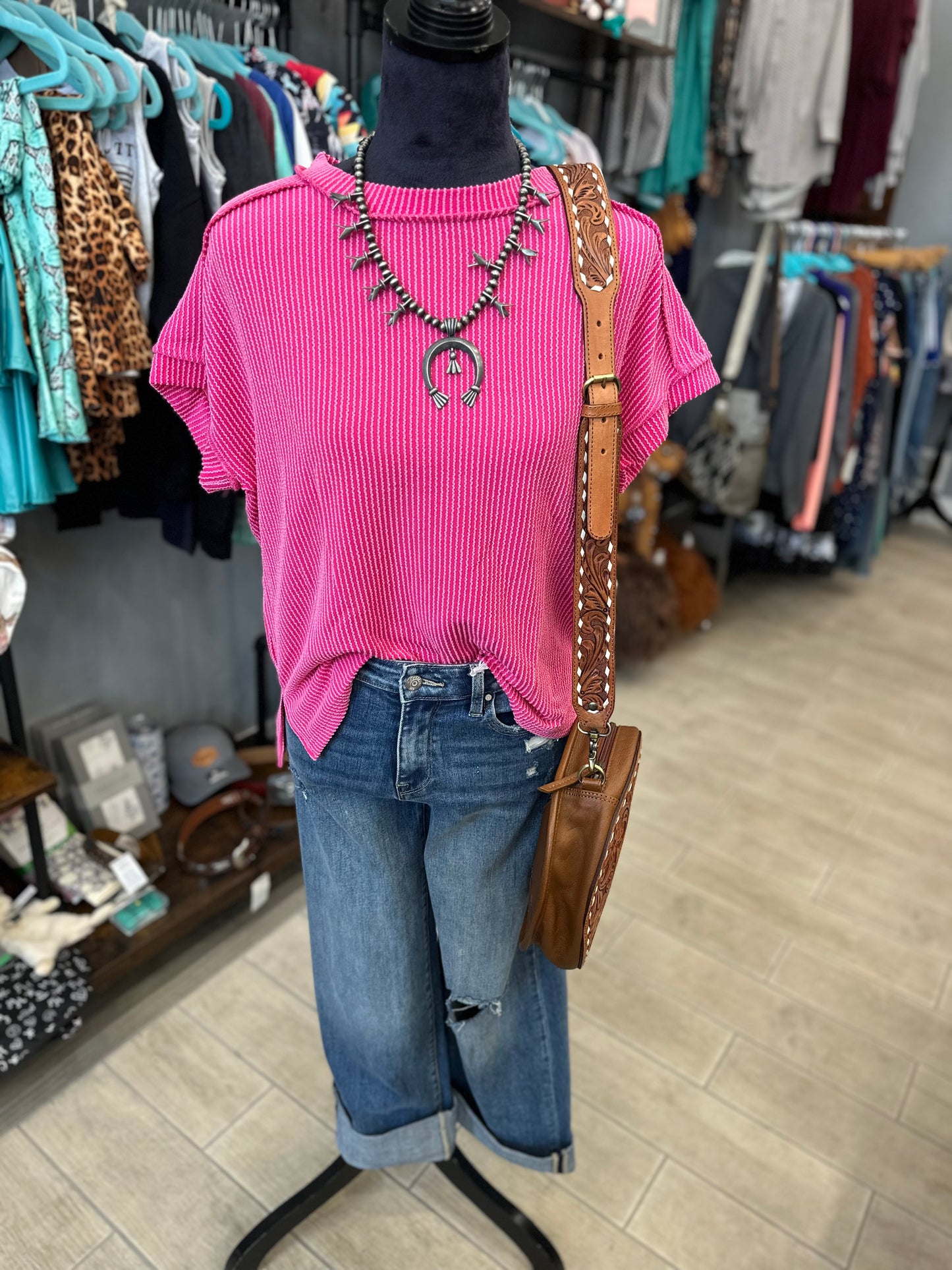 Pink Ribbed Short Sleeve