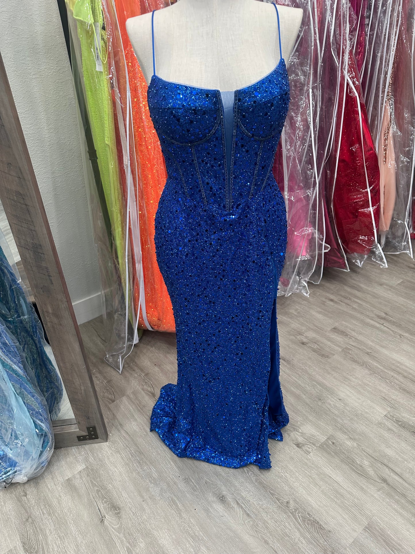 Spaghetti Strap Sequin and Bead Corset Gown with Side Slit