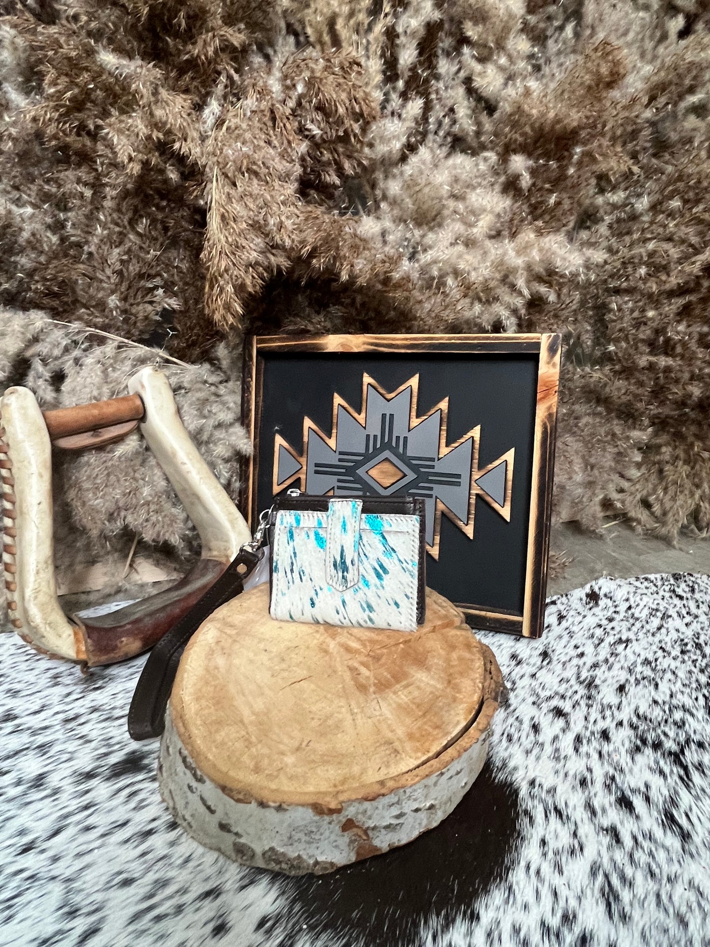 Western Hair on Hide with Turquoise Specs Card Holder Wallet