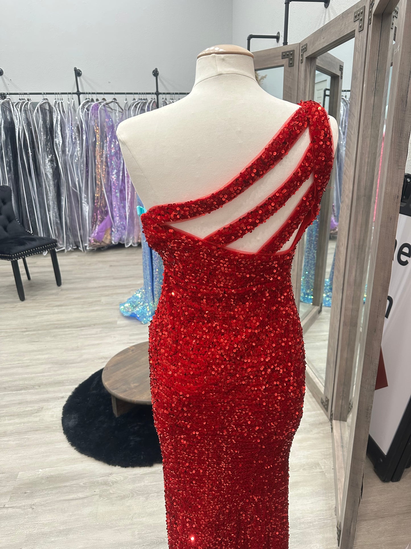 Red One Shoulder Sequin Gown