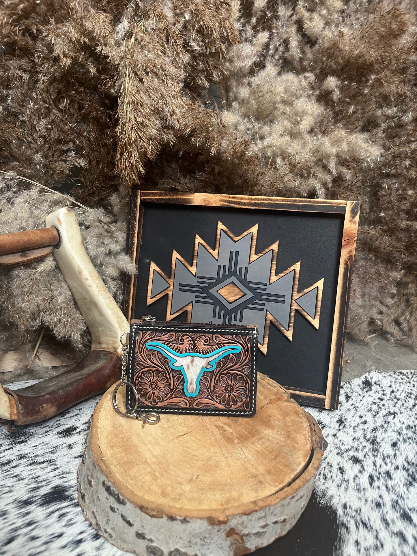Tooled Leather and Hair on Hide Longhorn Card Holder