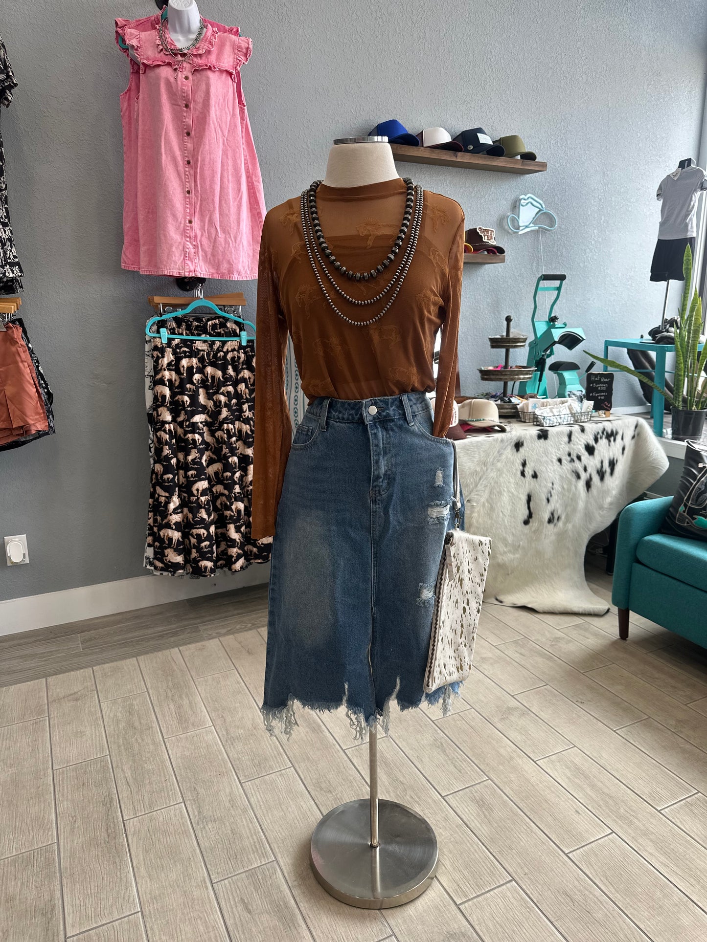 The High Rise Distressed Split Denim Midi Skirt