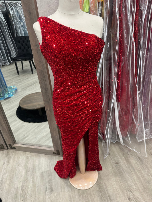 Red One Shoulder Sequin Gown