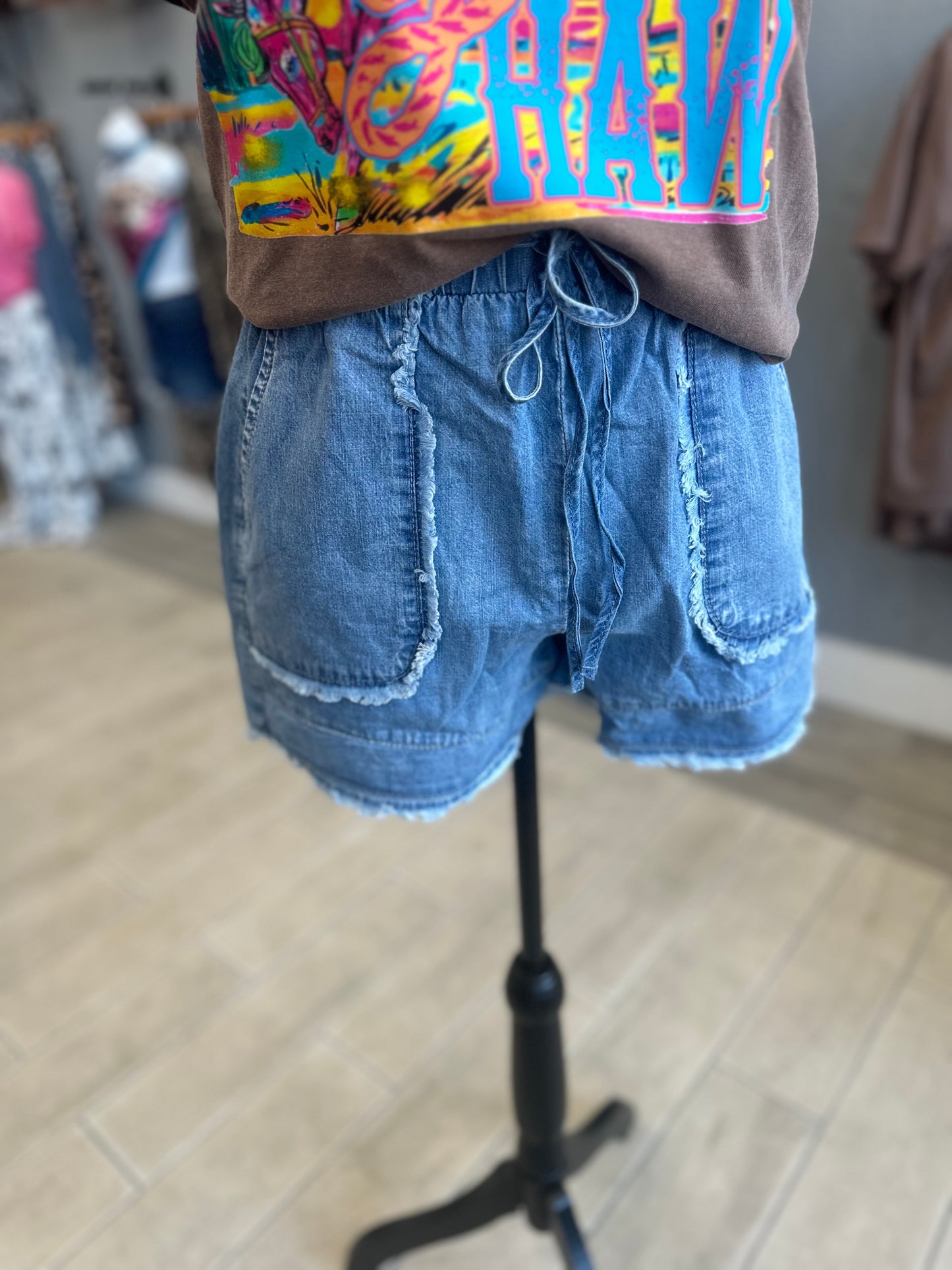 Denim Frayed Edge Acid Wash Shorts