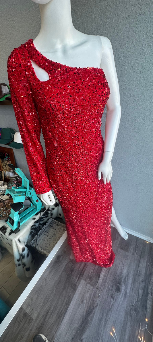 One Shoulder Sequin Gown with Slit