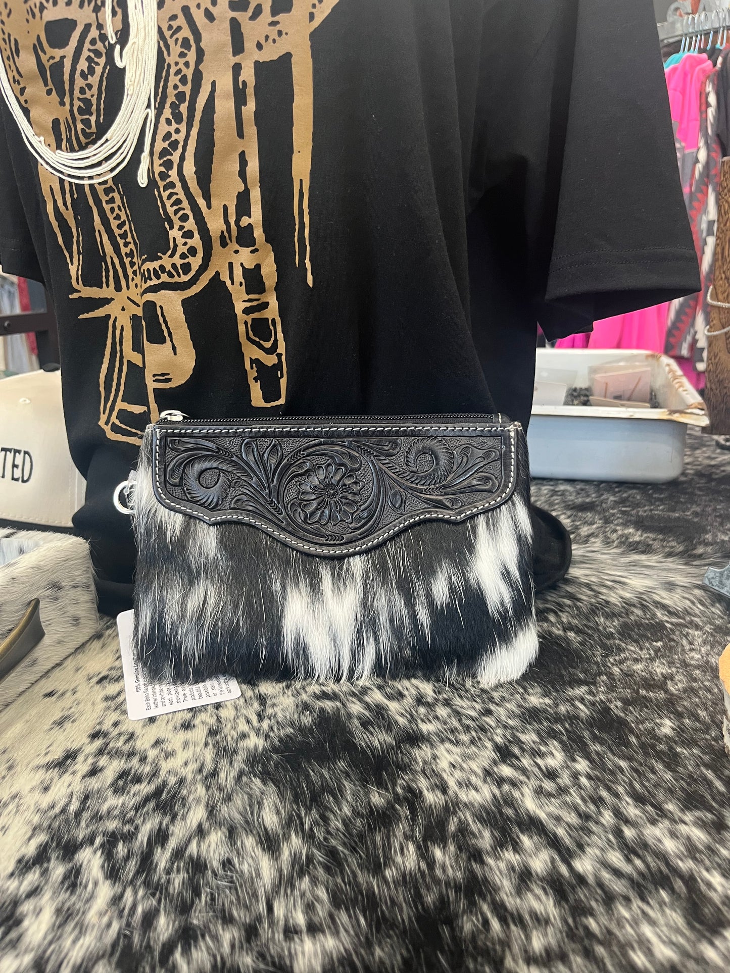 Western Hair on Hide Black and White Wristlet