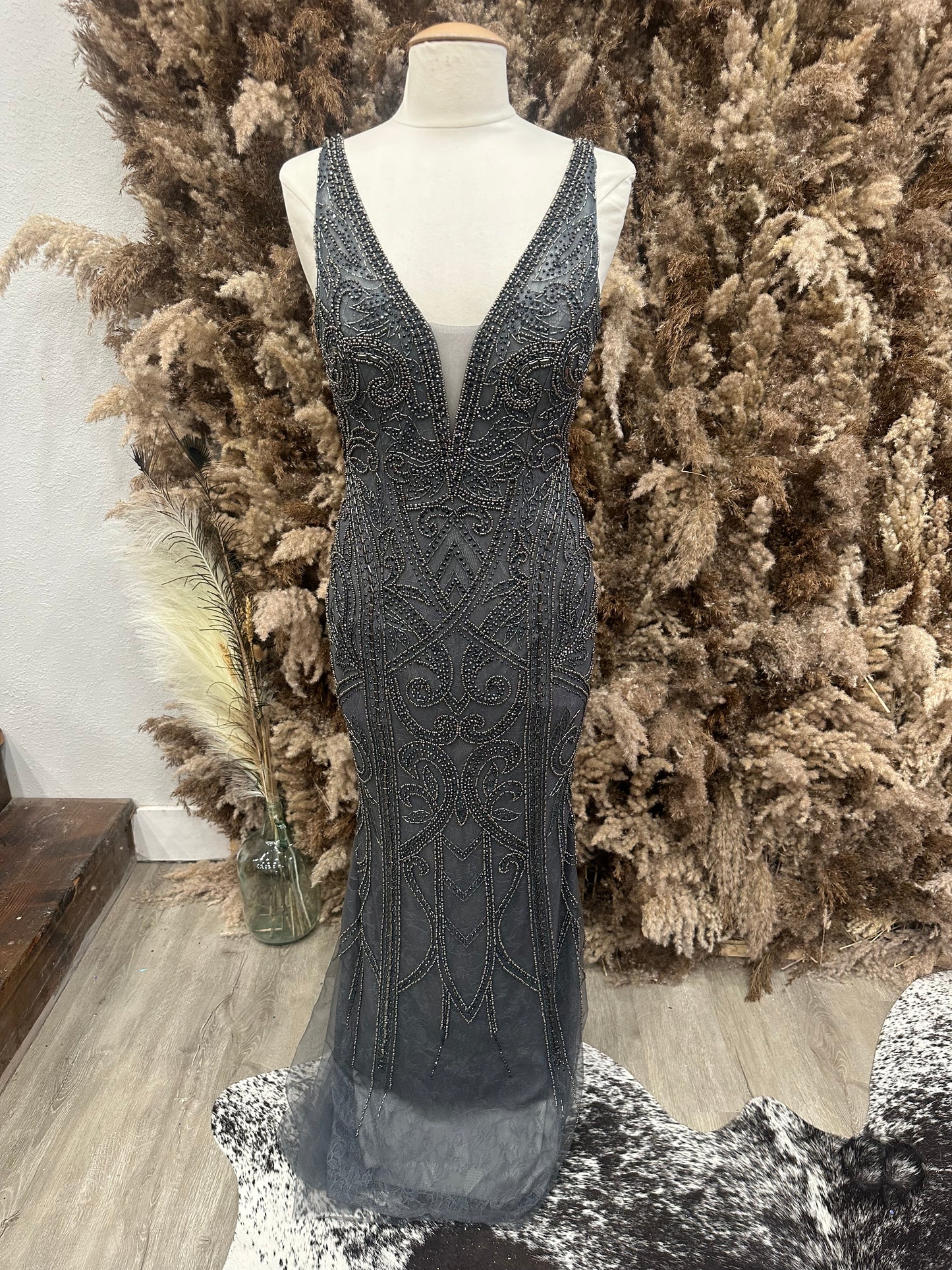 Charcoal Beaded Sheath Gown