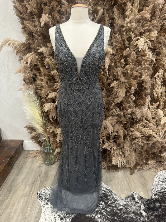 Charcoal Beaded Sheath Gown