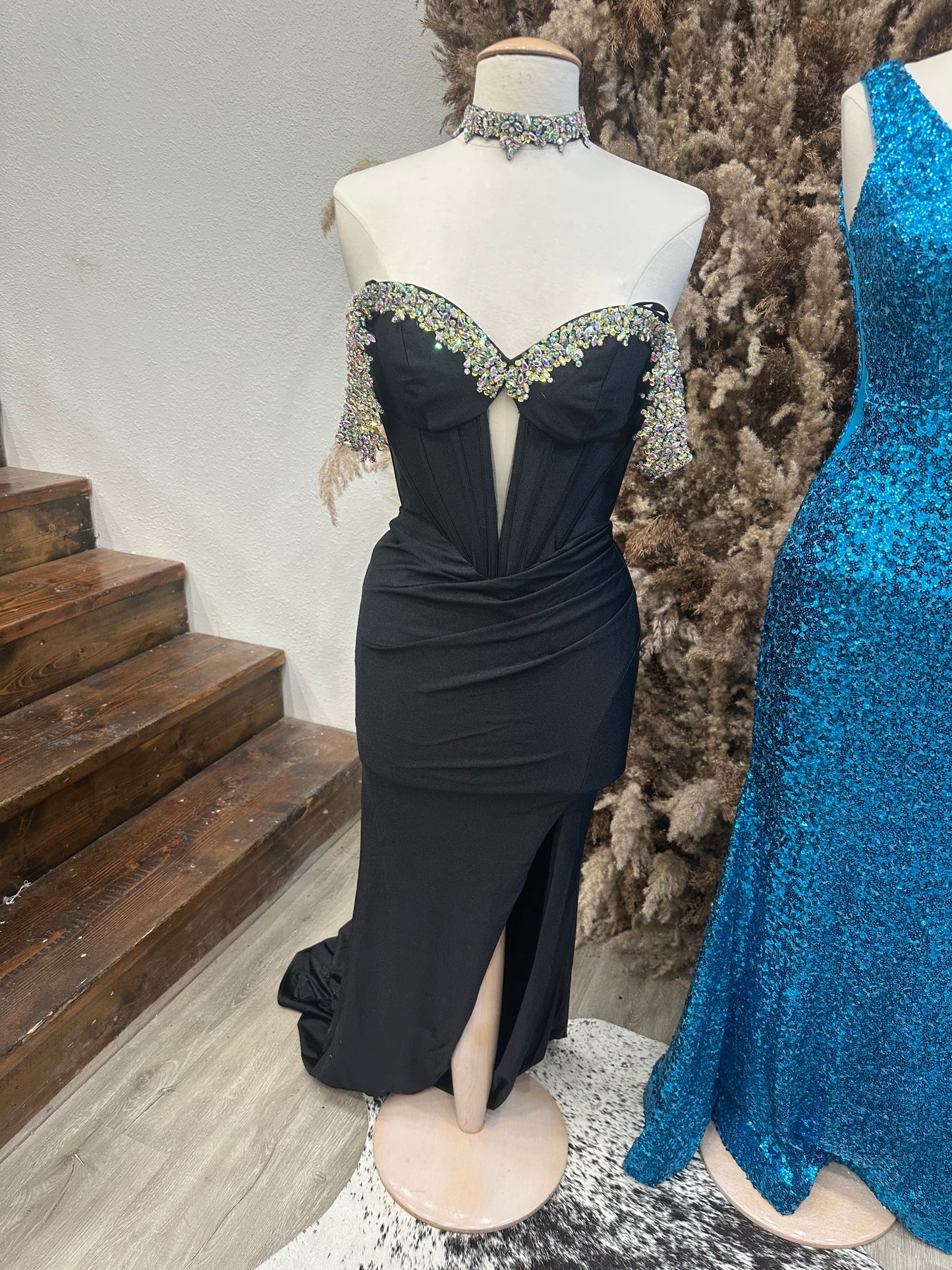 Black Off The Shoulder Gown with removable neck detail