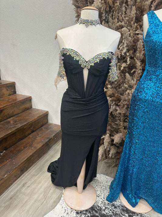 Black Off The Shoulder Gown with removable neck detail