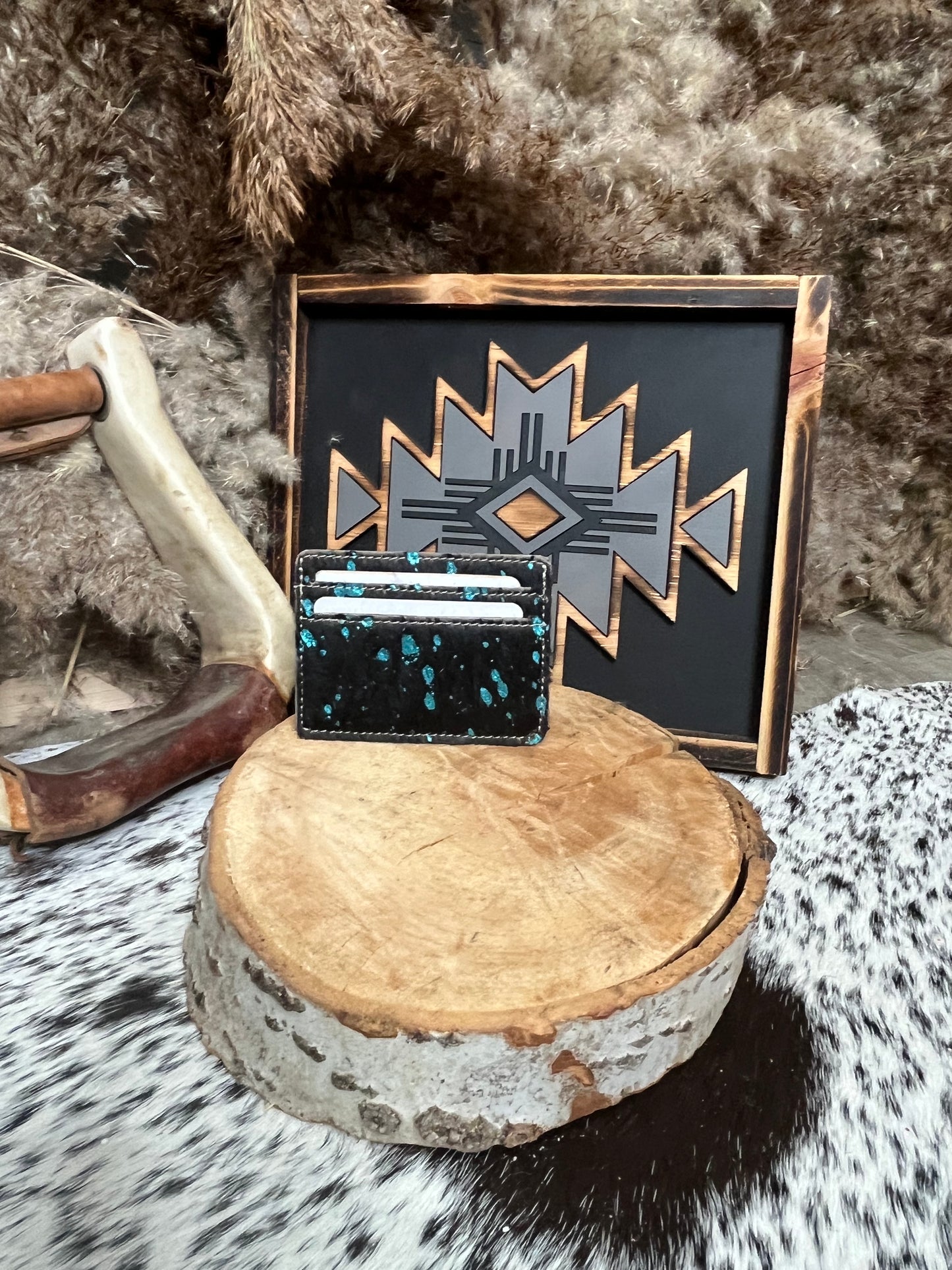 Dark Brown Hair on Hide with Turquoise Specs Card Holder