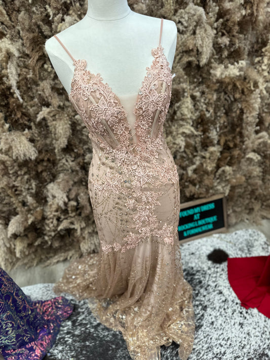 Champagne Sheer Corset Bodice Gown
