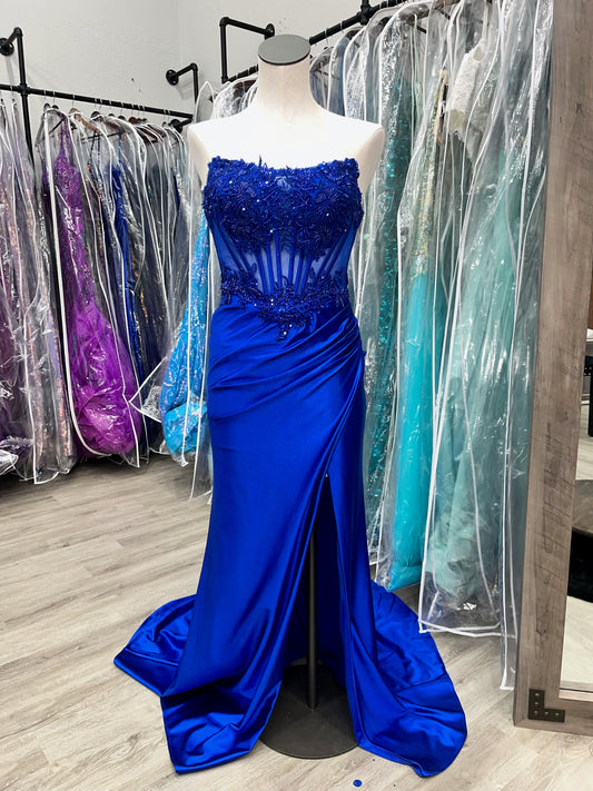 Applique Satin Strapless Slit Gown