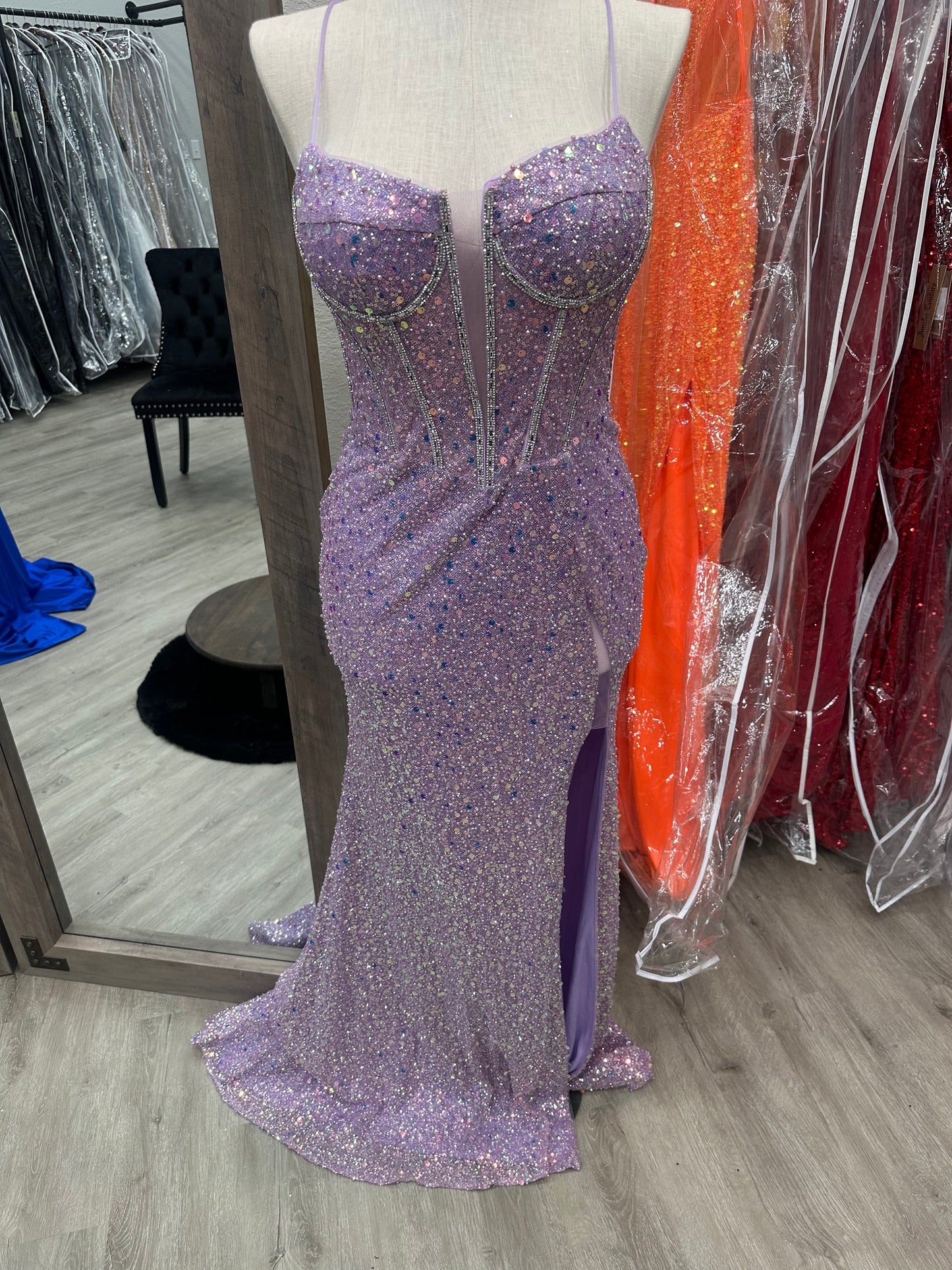 Spaghetti Strap Sequin and Bead Corset Gown with Side Slit