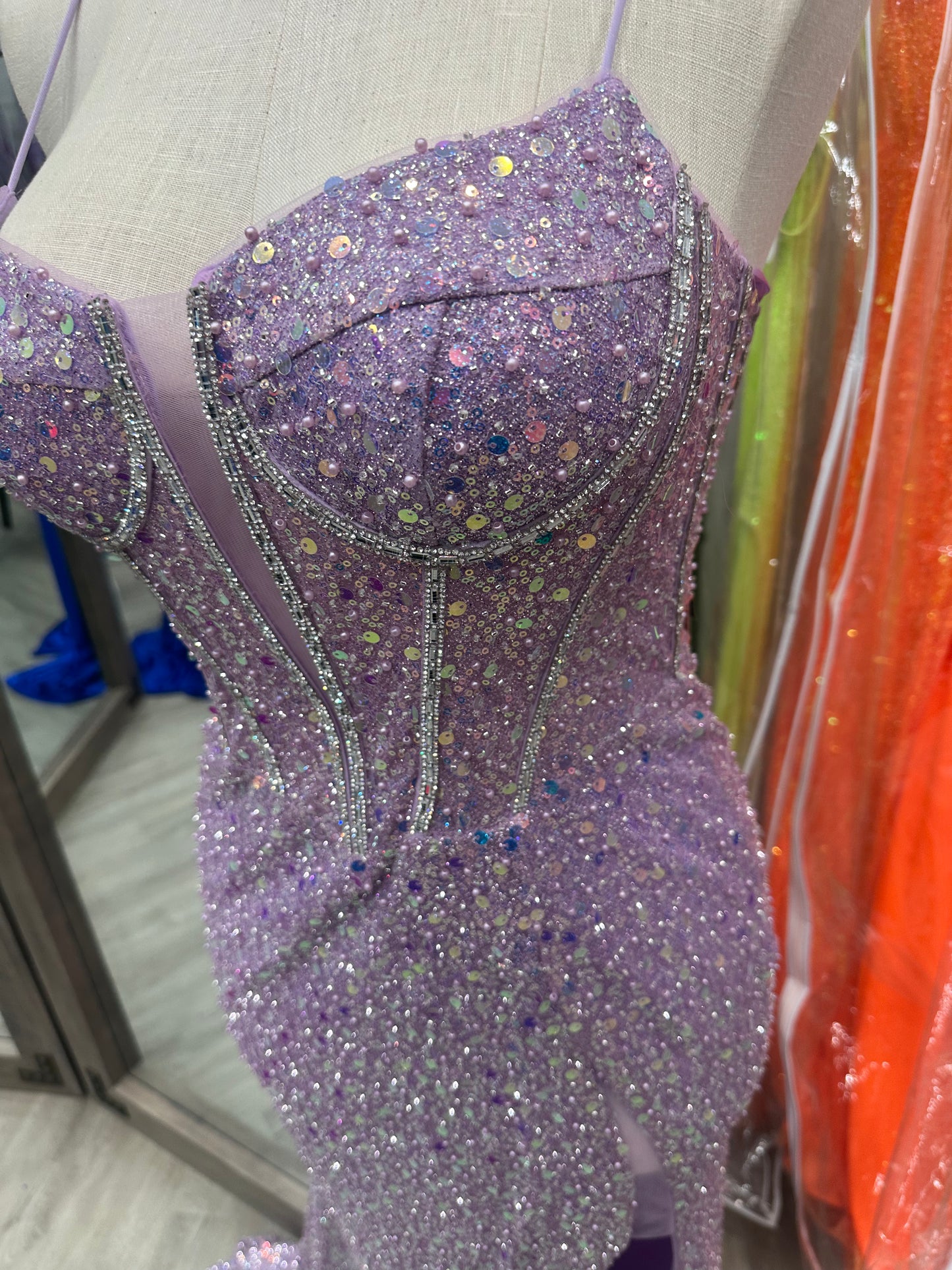 Spaghetti Strap Sequin and Bead Corset Gown with Side Slit