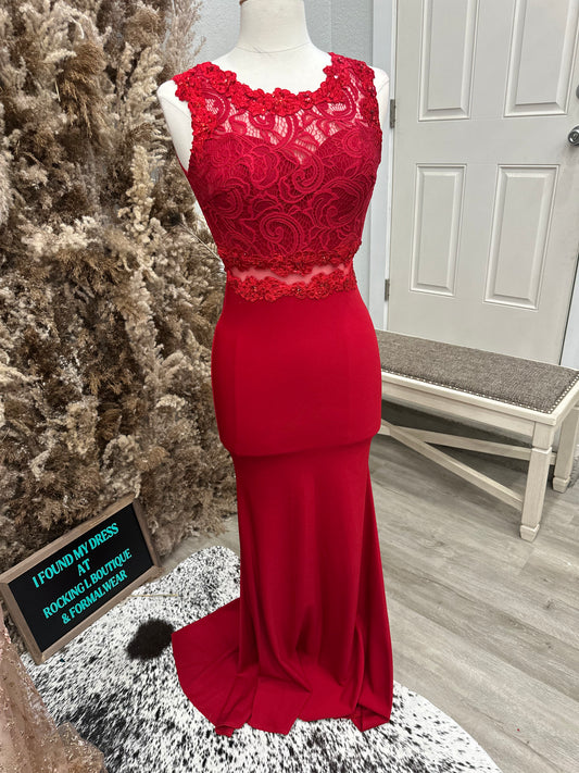 Fitted Red Gown with Sheer Midsection
